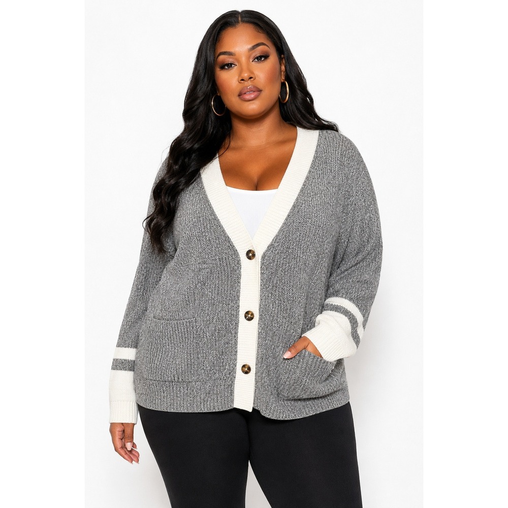 Lety & Me Womens 3X Gray Marled Knit Cardigan Sweater Cream Trim NEW
